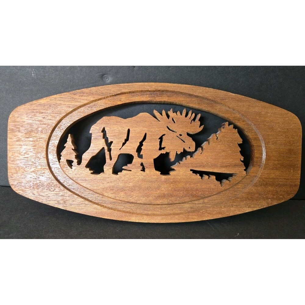 Vintage Rustic Wooden Moose Wall Plaque Scroll Saw Fretwork Cabin Decor 13"